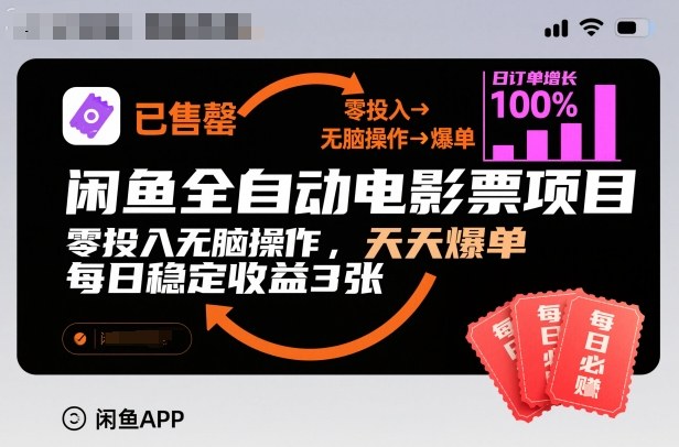 闲鱼全自动电影票项目，零投入无脑操作，天天爆单，每日稳定收益3张【揭秘】-橡木仓
