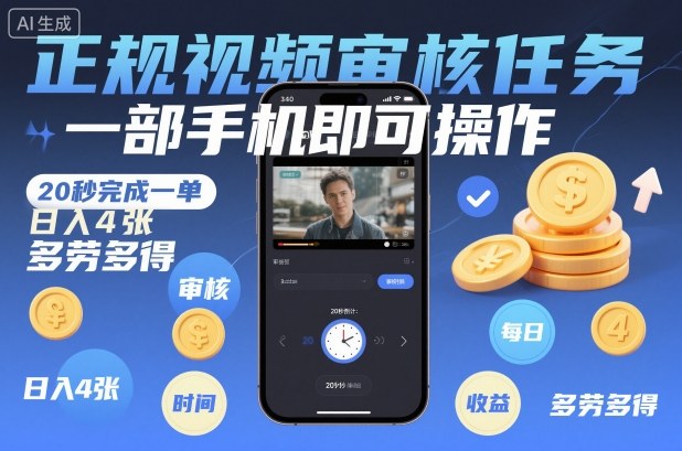 正规视频审核任务，一部手机即可操作，20秒完成一单，日入4张，多劳多得【揭秘】-橡木仓