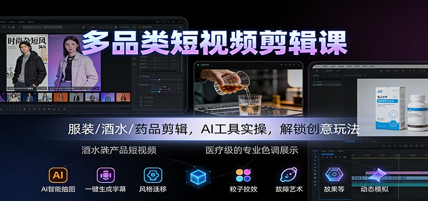 多品类短视频剪辑课：服装/酒水/药品剪辑，AI工具实操，解锁创意玩法-橡木仓