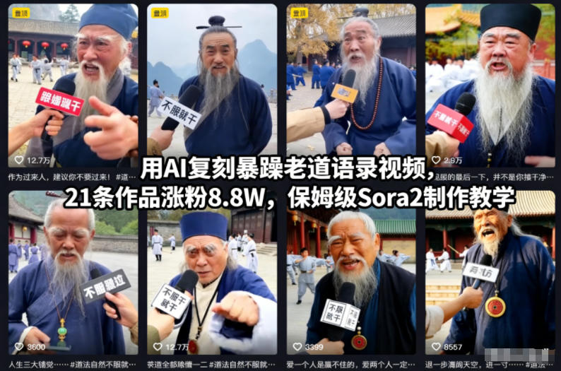 用AI复刻暴躁老道语录视频,21条作品涨粉8.8W,保姆级Sora2制作教学-橡木仓