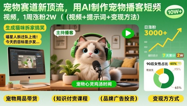 宠物赛道新顶流,用AI制作宠物播客短视频,1周涨粉2W(视频+提示词+变现方法)-橡木仓