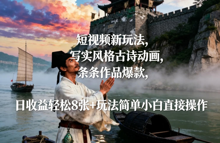 短视频新玩法，写实风格古诗动画，条条作品爆款，日收益轻松8张+玩法简单小白直接操作-橡木仓